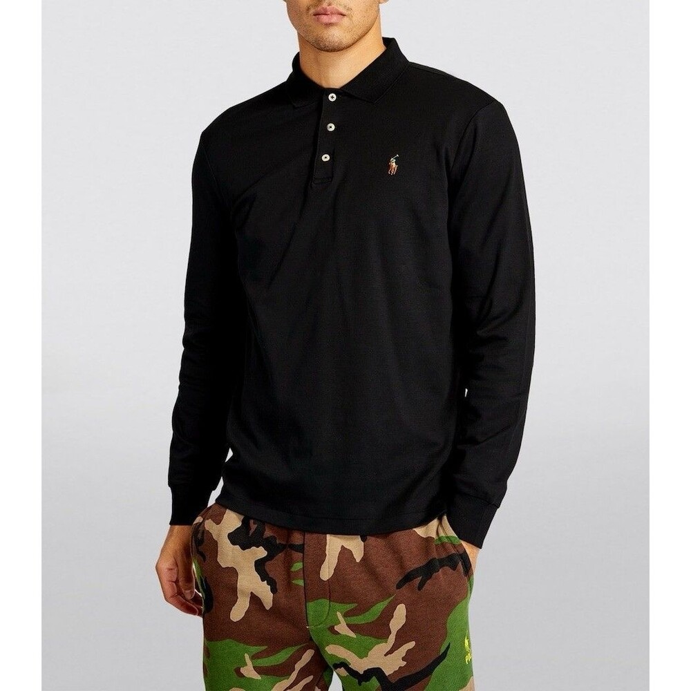 Polo Ralph Lauren Long-sleeve Polo Shirt Men Sz L Black N Brown Trim Preppy GUC